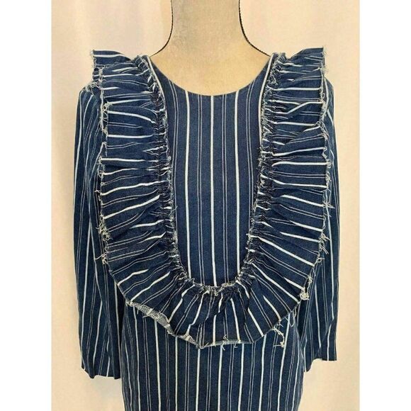 Zara New Blue White Striped Denim Jean Long Sleeve Mini Dress 5520/18/401/3 - Picture 5 of 11